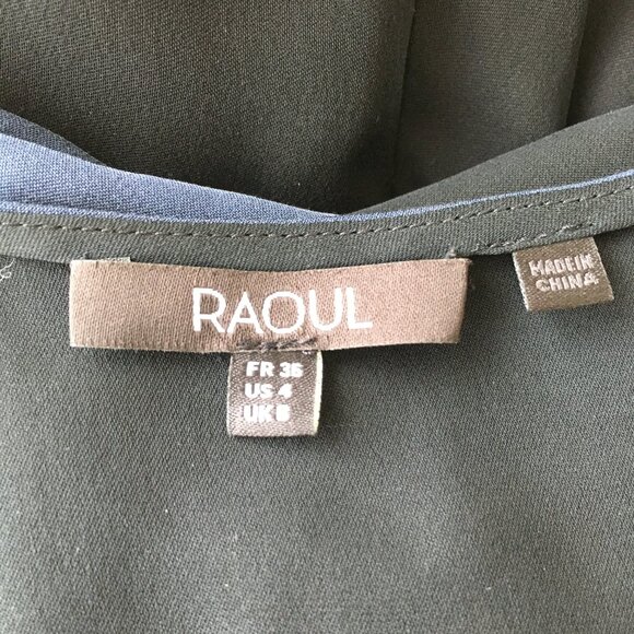 RAOUL Black Blue 100% Silk Pleated V Neck Ruching Shoulder Slit Hem Dress - Picture 2 of 13